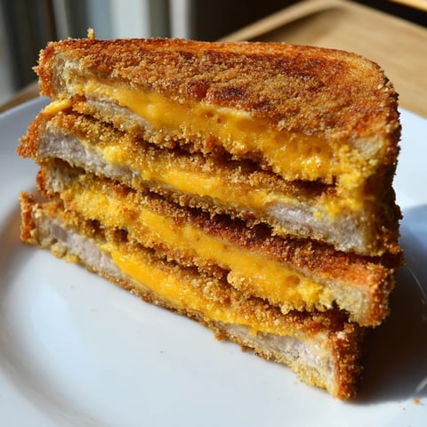 Golden, melted cheddar and crispy panko pork chop slices in a delicious Crispy Panko Pork Chop Grilled Cheese.