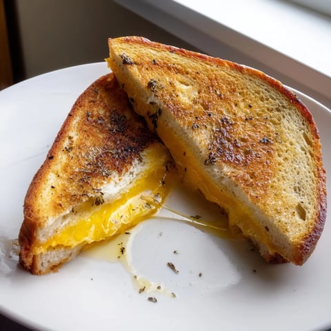 Golden brown truffle oil grilled cheese with oozing cheddar, ready to eat and enjoy.