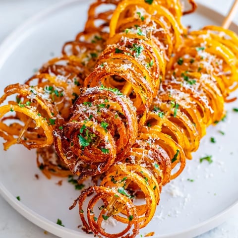 Golden brown Tornado Potatoes, crispy and spiraled, ready to be enjoyed as a savory snack.