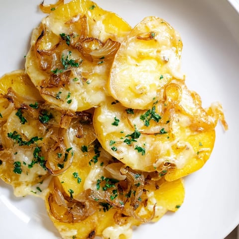 Golden, bubbling French Onion Soup Potatoes with melted Gruyère, a flavorful side dish ready to serve.