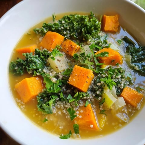 Steaming bowl of Nourishing Winter Veggie Soup, vibrant colors and a rich, savory aroma.