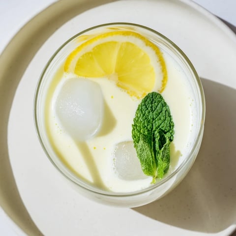 A refreshing glass of creamy lemonade, garnished with mint and lemon slices for serving.