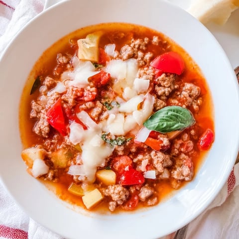 Steaming bowl of Pizza Soup with melted mozzarella, ready for a comforting dinner.