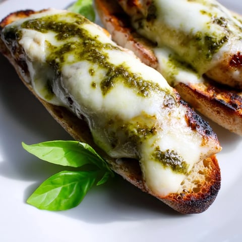 A close-up of the Pesto Chicken Melt, featuring juicy grilled chicken and melted mozzarella on toasted ciabatta.  