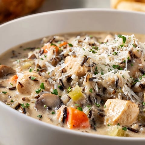 Creamy Parmesan Mushroom Chicken and Wild Rice Soup in a rustic bowl garnished with fresh parsley, steam rising from the spoon.