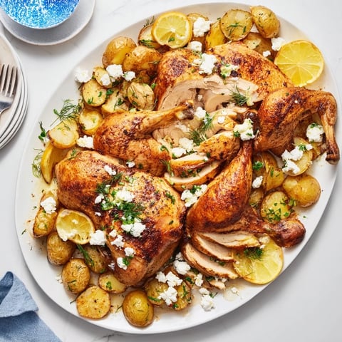 Golden-brown roasted chicken with lemon herbs and crumbled feta sits beside buttery pot potatoes in a rustic skillet.  