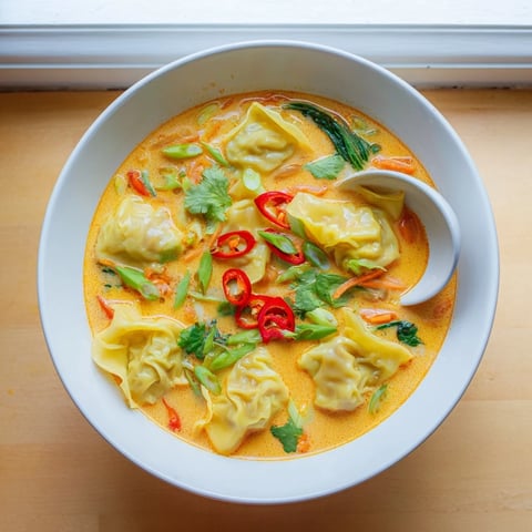 Steaming bowl of homemade Red Curry Wonton Soup with spinach and carrots.