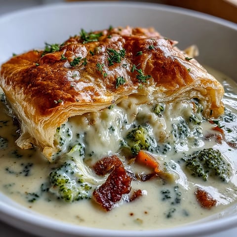 Velvety Creamy Broccoli and Butternut Squash Soup With Pastries, served in a rustic bowl with a golden, flaky brie pastry on the side.