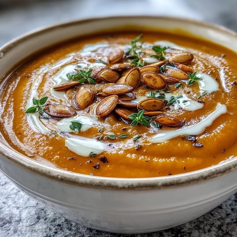 A bowl of Easy Roasted Butternut Squash Soup garnished with cream swirls, pumpkin seeds, and fresh thyme.
