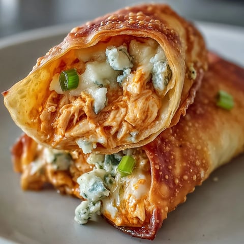 Golden-brown Buffalo Chicken Egg Rolls, filled with shredded chicken, melted cheese, and crunchy vegetables, arranged on a serving platter.