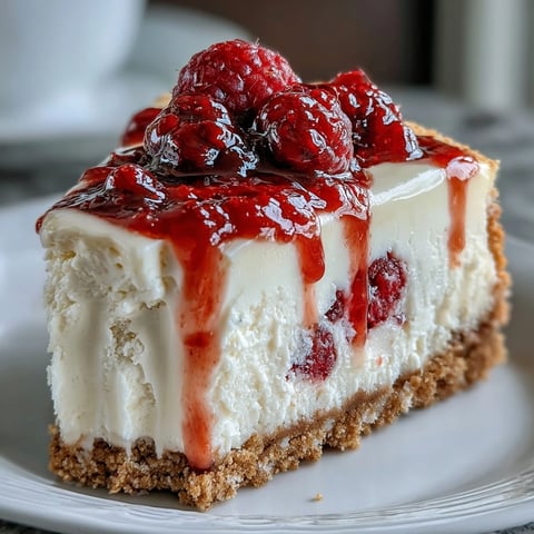 A slice of Indulgent White Chocolate Raspberry Cheesecake Bliss on a white plate, topped with fresh raspberries and a drizzle of bright red sauce.
