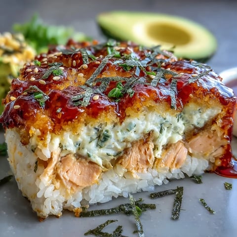 Freshly baked Spicy Salmon Sushi Bake with bubbly melted cheese, served warm with sliced avocado and sesame seeds.