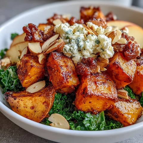 Fall Sweet Potato Harvest Bowl features golden roasted chicken, tender sweet potatoes, crisp apple slices, and crumbled goat cheese on kale.