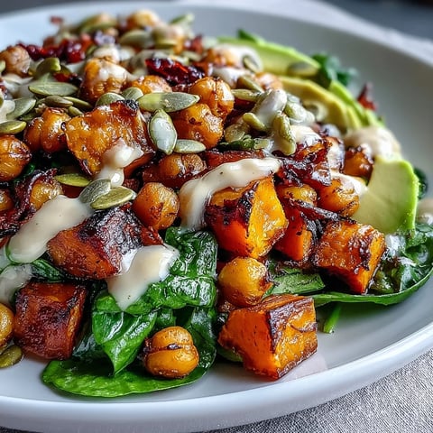 Roasted Sweet Potato and Chickpea Bowl with golden roasted vegetables, creamy avocado, and smoky chipotle tahini drizzle served in a ceramic bowl.