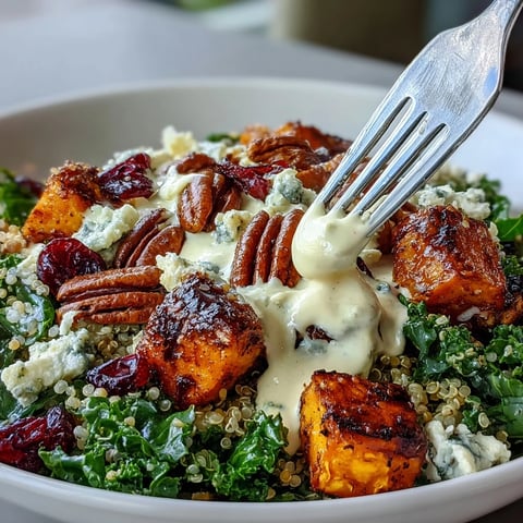 Vibrant Harvest Kale Quinoa Bowl with roasted sweet potatoes and crumbled blue cheese.