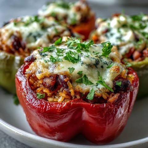 Golden-brown baked Black-Eyed Pea Stuffed Peppers sit in a dish, topped with melted cheese and fresh parsley garnish.