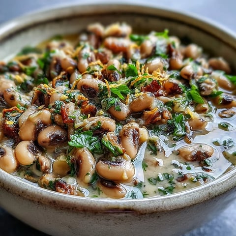 Creamy mashed Smashed Black-Eyed Peas dip garnished with fresh parsley and lemon zest in a rustic bowl.
