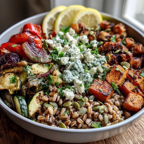 Black-Eyed Pea Grain Bowl served in a white bowl with roasted sweet potatoes, bell peppers, and zucchini over farro.