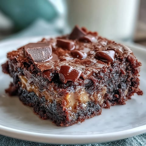 Freshly baked Rich Peanut Butter Cup Dump Cake emerges from the oven with gooey melted chocolate chips and peanut butter cups on top.