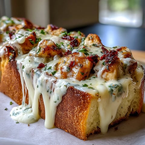 Golden, bubbly Chicken Alfredo Garlic Bread fresh from the oven, topped with melted mozzarella and fresh parsley.