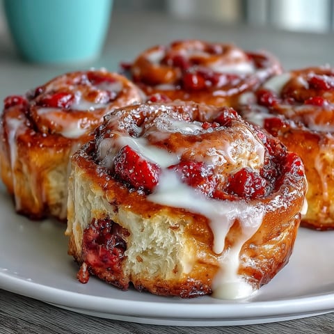Freshly baked Strawberry Cinnamon Rolls pull apart to reveal fluffy brioche swirls and a sticky, vibrant pink glaze.