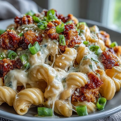 Creamy cheddar macaroni and cheese topped with sweet-spicy Korean-style turkey crumbles and sliced scallions. 