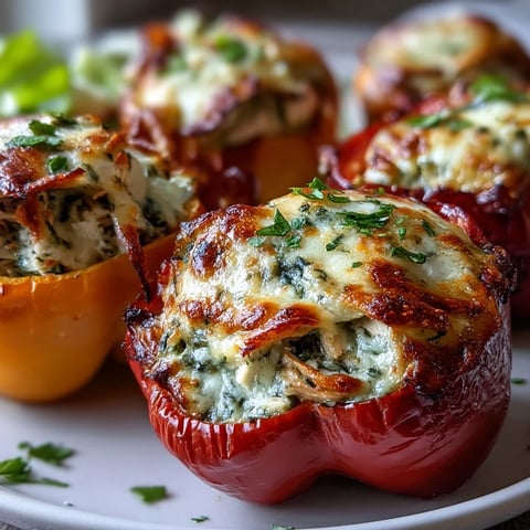 Freshly baked Pesto Chicken Stuffed Sweet Peppers sit golden and bubbly on a white plate, filled with creamy chicken and pesto mixture.