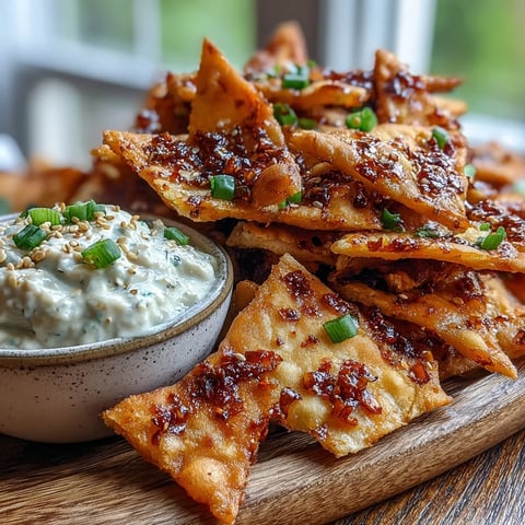 Golden brown Spicy Chili Crisp Garlic Naan Chips arranged in a fan, next to a small bowl of creamy cucumber dip garnished with sesame seeds.