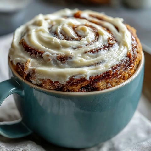 A close-up of High-Protein Cinnamon Roll Mug Cake with creamy topping and a visible cinnamon swirl.