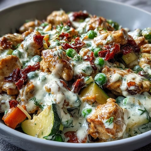 Creamy Ranch Turkey & Veggie Skillet simmering in a large skillet with a rich, tangy cream sauce and colorful vegetables.