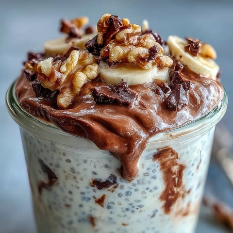 Chunky Monkey Overnight Chia Pudding layered with creamy peanut butter, ripe banana slices, and rich cocoa in a glass jar. 