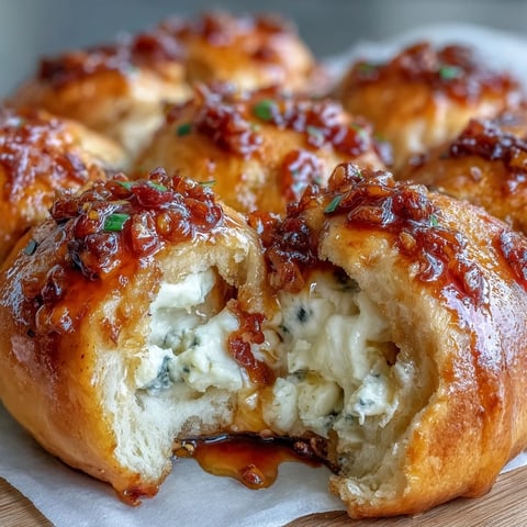 Golden brown Hot Honey Ricotta Stuffed Garlic Knots fresh from the oven with bubbling cheese.