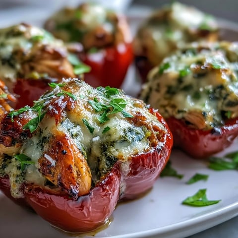 Close-up of Pesto Chicken Stuffed Sweet Peppers with melted mozzarella, ready to serve warm as an easy appetizer.