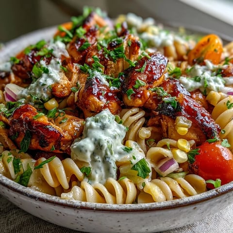Serving bowl of Honey BBQ Chicken Pasta Salad with rotini, corn, cherry tomatoes, and creamy dressing, perfect for potlucks.