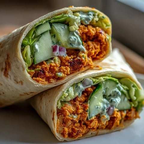 Two halves of a Vegan Buffalo Chickpea Salad Wrap on a rustic board show a creamy orange filling with crisp romaine and cucumber slices.