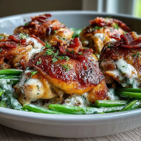 Golden-brown Keto Bacon Ranch Chicken Thighs with Green Beans sizzling in a skillet, topped with crispy bacon crumbles.