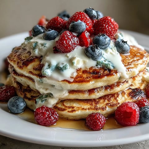 Fluffy Berry Protein Pancakes topped with Greek yogurt and fresh berries are stacked high on a white plate.