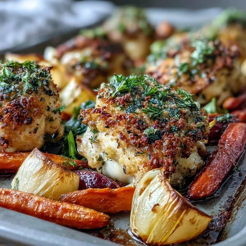 Golden-brown, herb-crusted chicken breasts roast on a sheet pan alongside tender, caramelized sweet potatoes, carrots, and red onion for a wholesome dinner.