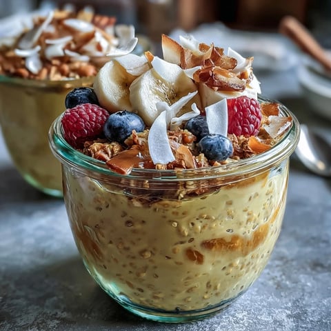 A glass jar of Vegan Golden Milk Overnight Oats with turmeric and ginger, topped with fresh berries and sliced banana for breakfast.