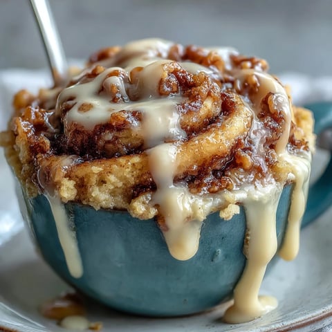 High-protein cinnamon roll mug cake with creamy topping and cinnamon swirl, perfect for a quick and satisfying dessert.  