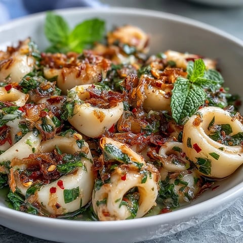 Zesty chilli-lime squid salad with fresh herbs, crispy shallots, and a tangy Asian-inspired dressing.  