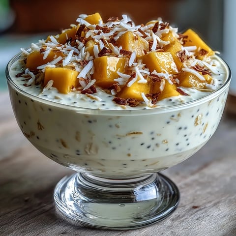 Creamy overnight oats with mango and coconut, topped with fresh tropical fruit and crunchy nuts.