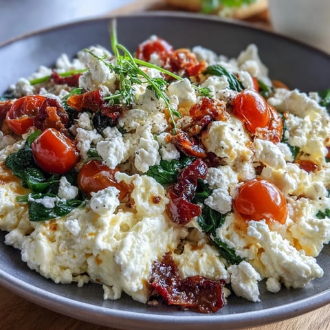 Fluffy scrambled eggs with creamy cottage cheese and vibrant sautéed vegetables for a protein-rich breakfast.