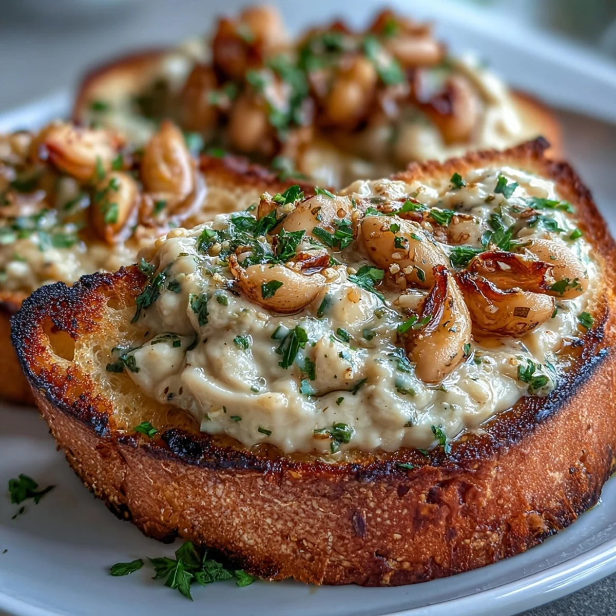 Creamy white bean and roasted garlic spread generously slathered on crisp sourdough toast, garnished with fresh herbs and a drizzle of olive oil.  