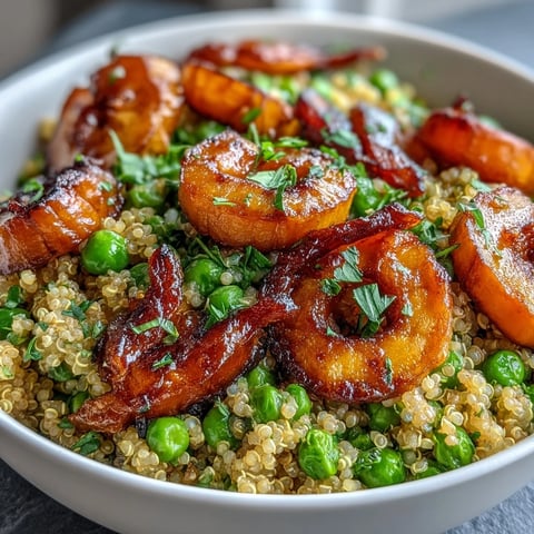 Warm quinoa bowl with roasted carrots and green peas, garnished with fresh parsley and feta.  