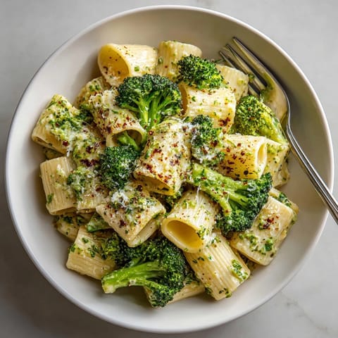 Closeup of Broccoli White Bean Alfredo Vegan dish, showcasing tender broccoli in velvety vegan sauce.