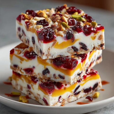 This beautiful photo shows a healthy Cherry-Coded Sunrise Yogurt Bark, perfect for a hot afternoon snack or dessert.