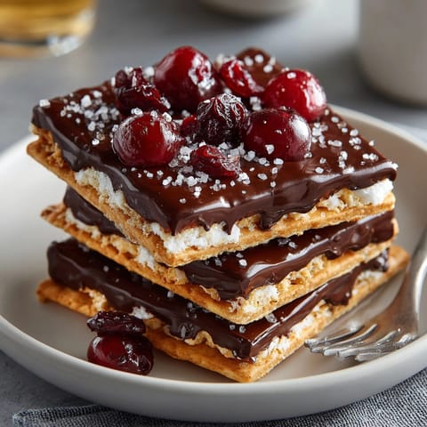Imagine the rich, dark chocolate topping atop this Cherry-Coded Chocolate Toffee Saltine Crunch, ready to shatter.