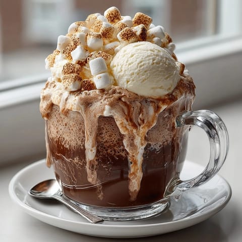 Swirling root beer effervescence complements a rich, layered Root Beer Marshmallow Peak Cocoa Float dessert drink.