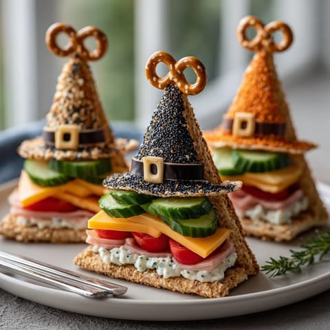 Deliciously rolled witch hat wraps, crafted from tortillas for a fun Halloween appetizer, are set to serve.